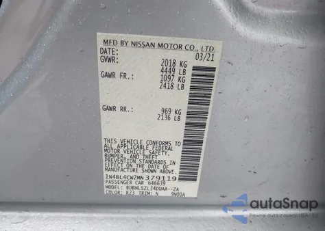 2021 Nissan Altima Sr Intelligent Awd z USA, uszkodzony, nr VIN 1N4BL4CW2MN379119